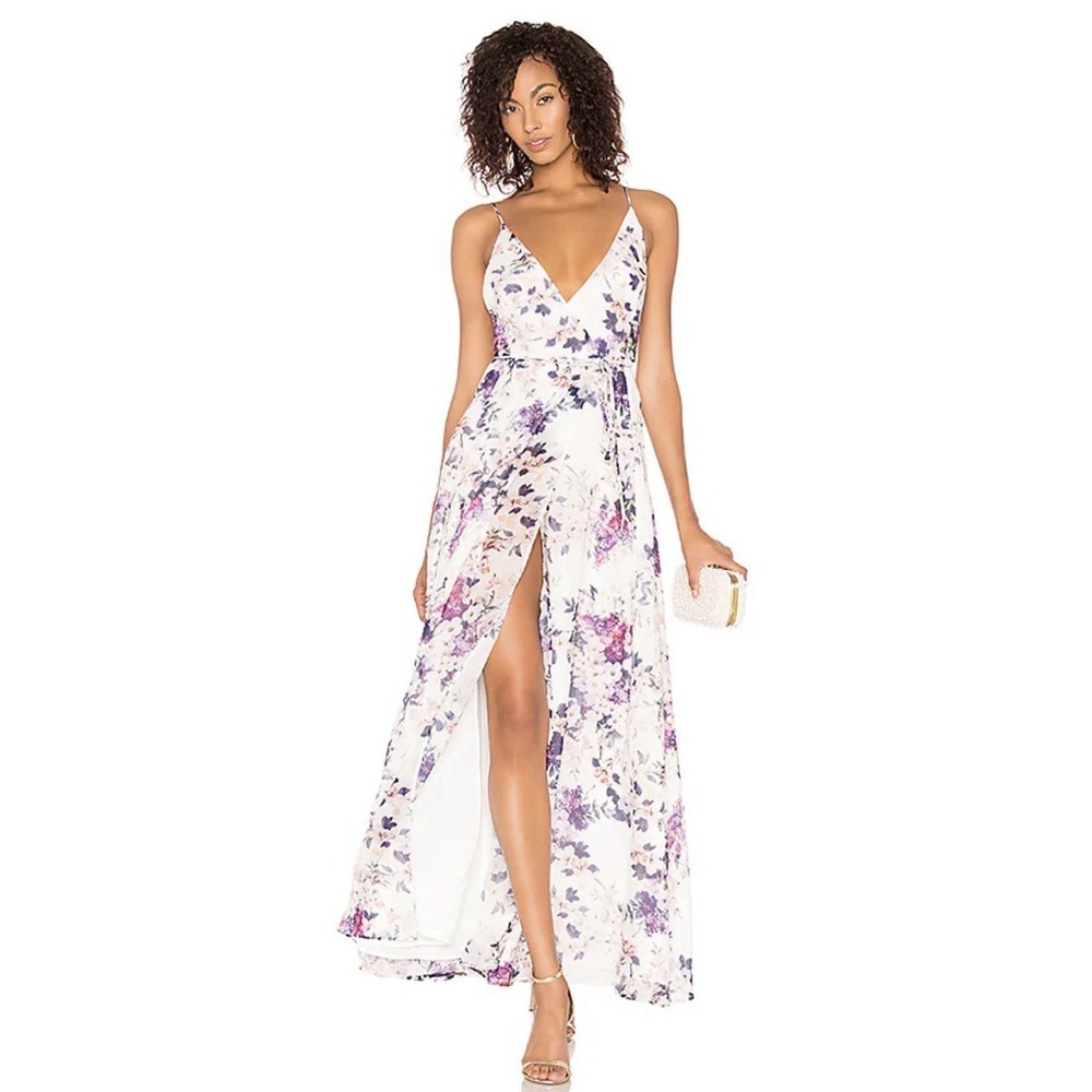 Yumi Kim Floral Wrap Maxi Dress Womens Small‎ White Purple Good High Slit V-Neck